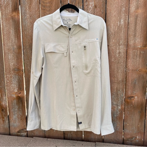 SALT LIFE Men’s Tan SLX UVapor Lightweight Long Sleeve Button Down Shirt Small - Picture 1 of 14